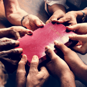 Group of diverse people's hands jointly holding a red Bible