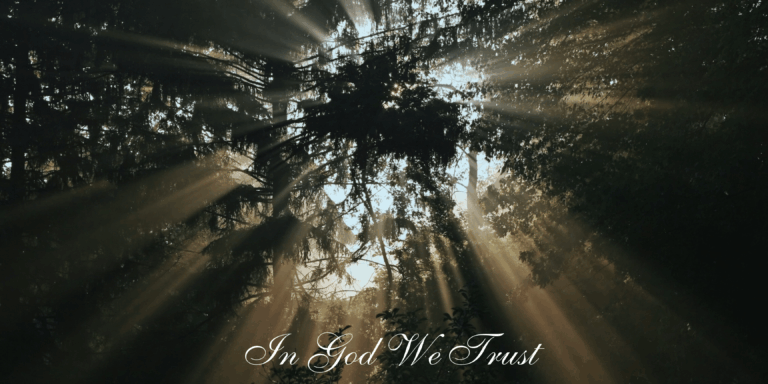 Sunlight Piercing Through Dark Tree Line at the bottom of image in white words is "In God We Trust"