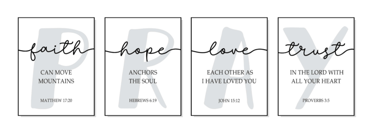 Four column image with the word pray, one letter per box, with one word representing an element of prayer and a connected bible verse